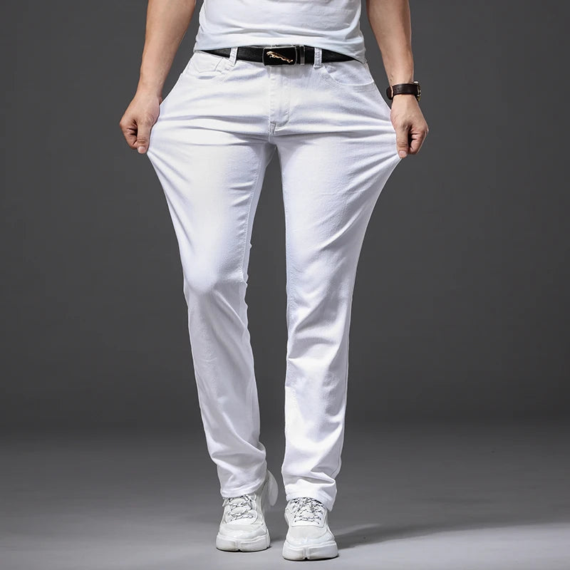 Calça Jeans Branco Moda Casual Elegante Estilo Clássico Slim