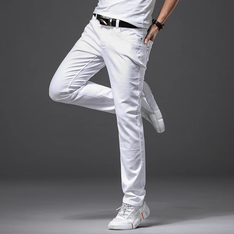 Calça Jeans Branco Moda Casual Elegante Estilo Clássico Slim